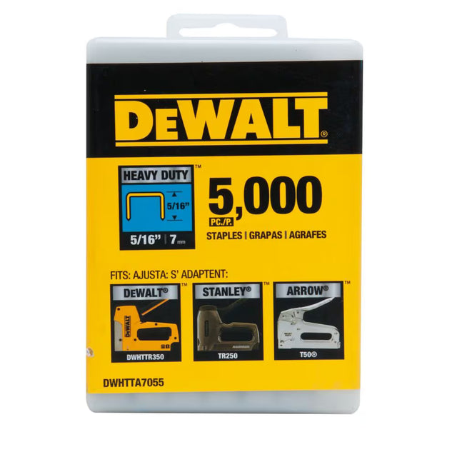 DeWalt heavy-duty 5/16 inch staples pack with 5,000 pieces in reusable plastic storage box compatible with Stanley Bostitch Arrow