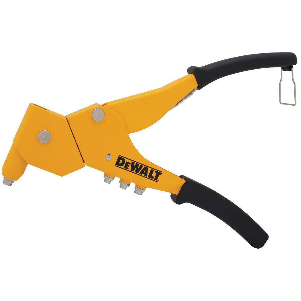 DEWALT manual swivel head riveter with cast metal body and ergonomic black handles for angled riveting tasks