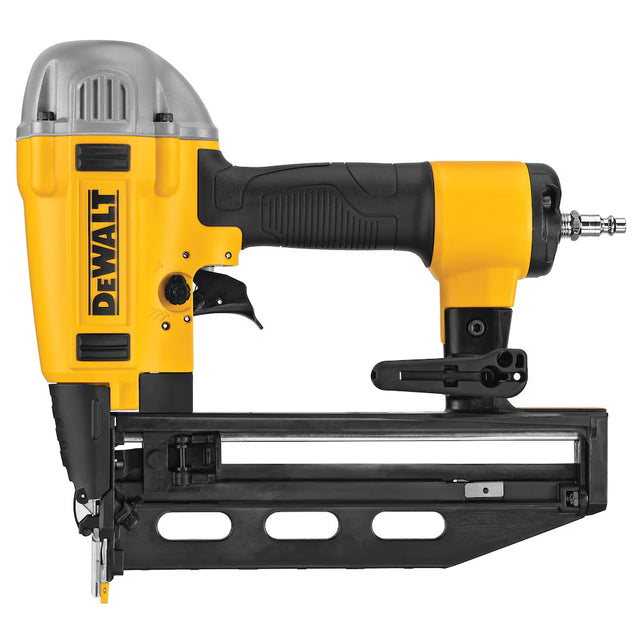 Yellow and black DeWalt 16 gauge finish nailer with ergonomic grip and metal magazine for precise trim and molding installation
