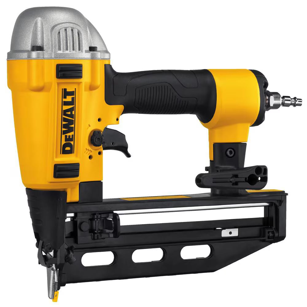 DEWALT 16 gauge finish nailer with ergonomic grip, metal magazine, and air-powered trigger for interior woodwork applications