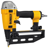 DEWALT 16 gauge finish nailer with ergonomic grip, metal magazine, and air-powered trigger for interior woodwork applications