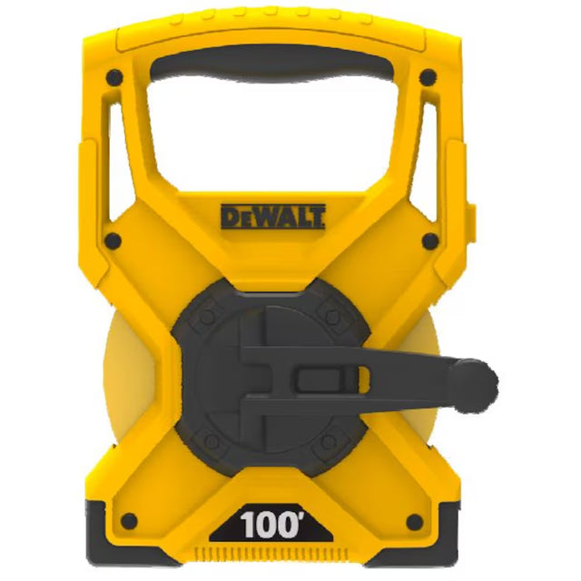 Yellow and black Dewalt 100ft fiberglass tape measure with ergonomic crank handle and durable wide blade design