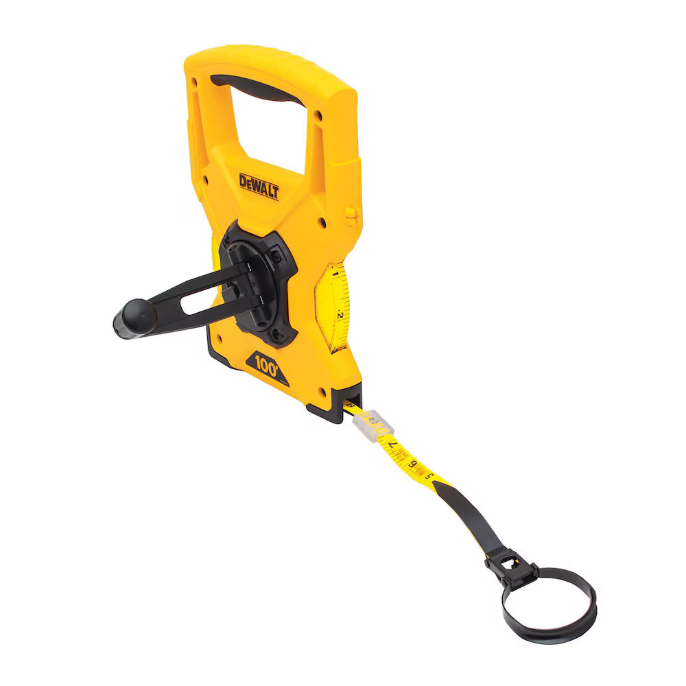 Yellow and black 30m fiberglass tape measure with ergonomic crank handle and dual metric and imperial markings