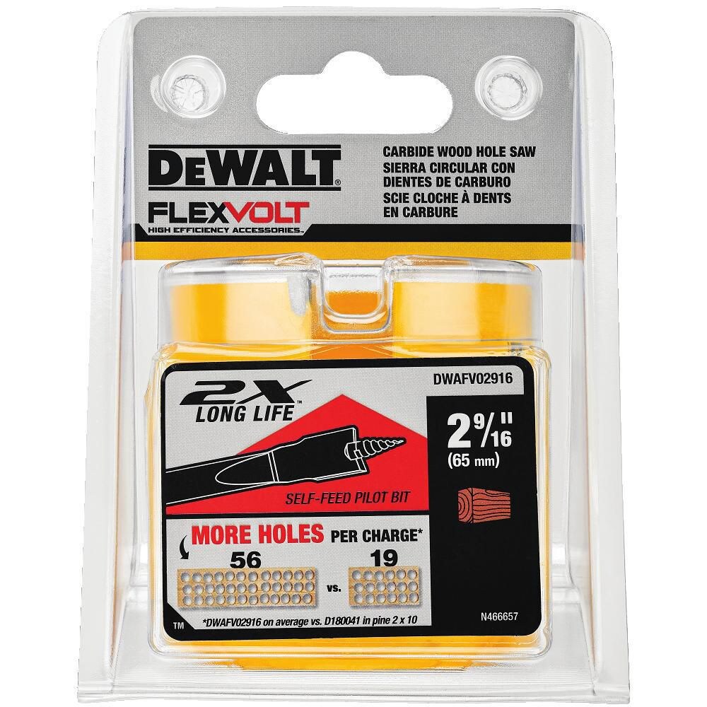 DEWALT FLEXVOLT 2-9/16 inch carbide wood hole saw with self-feed pilot bit for fast, efficient cutting and long life