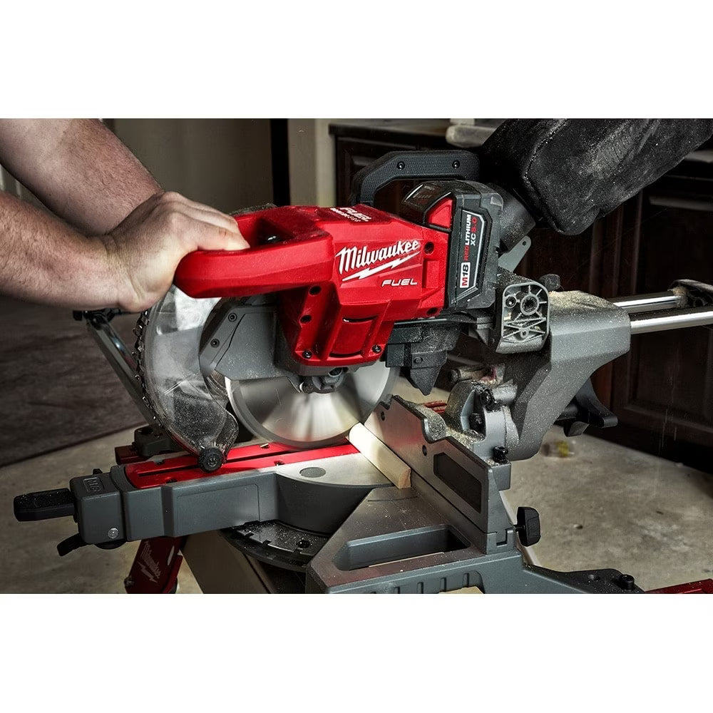 Milwaukee M18 Fuel 7-1/4 inch double bevel miter saw with red handle and adjustable 45° and 48° stops