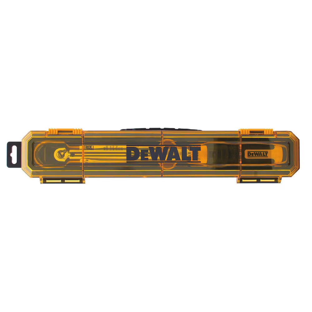 3/8 inch DeWalt micrometer torque wrench with rubber head protector, in sturdy yellow and black plastic carrying case