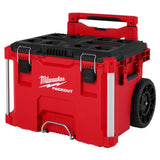 Red and black Milwaukee Packout rolling toolbox with foldable handle, heavy-duty wheels, and secure metal latches