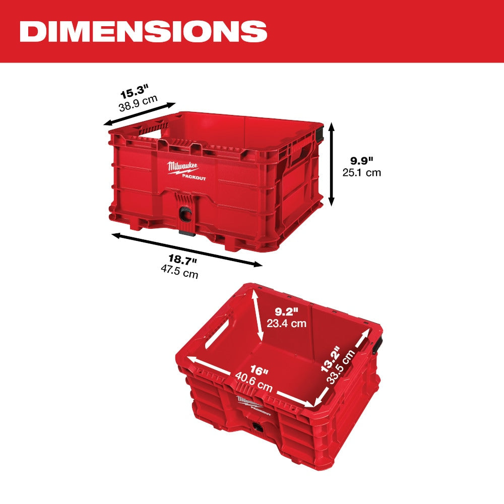 Red Milwaukee PACKOUT open storage box with dimensions 18.7x15.3x9.9 inches for modular tool organization