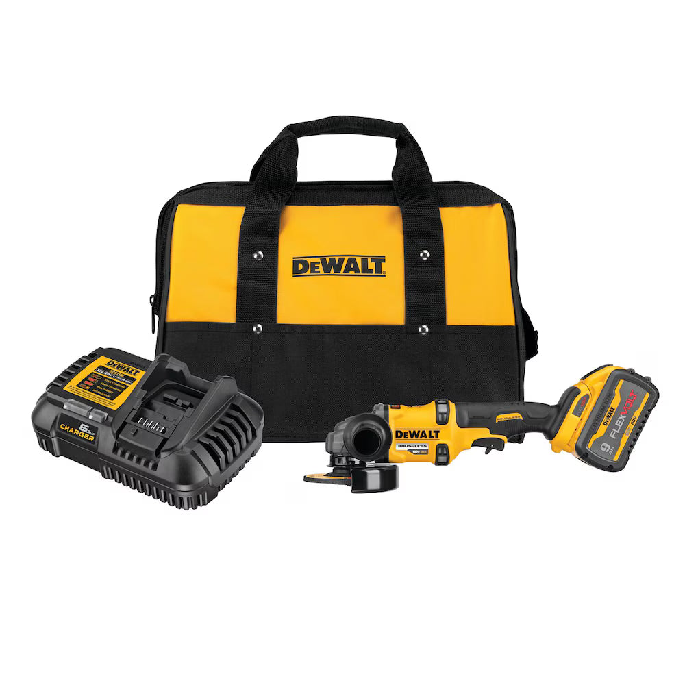 DEWALT FLEXVOLT cordless angle grinder kit with 60V/9Ah battery, charger, and yellow black carrying bag