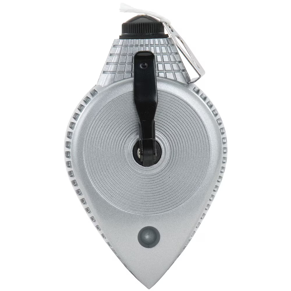 Silver Stanley 100ft chalk line reel with black crank handle and durable felt tip for even chalk coating distribution