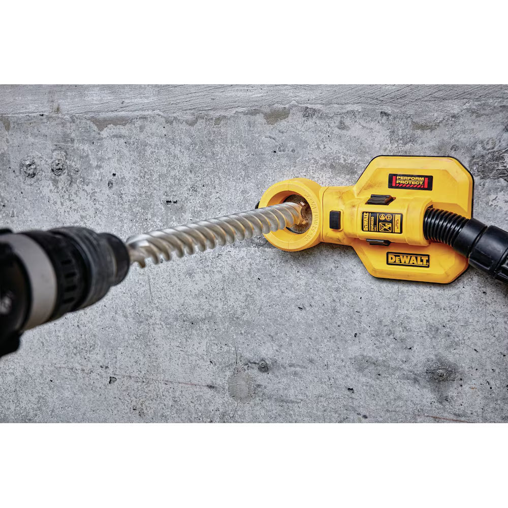 DeWalt SDS Max 1-3/8 x 18 concrete drill bit attached to rotary hammer drill for masonry drilling tasks
