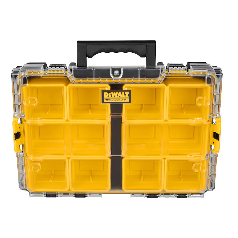 Large yellow ToughSystem 2.0 organizer with clear lid, multiple compartments, and sturdy black handle for secure storage