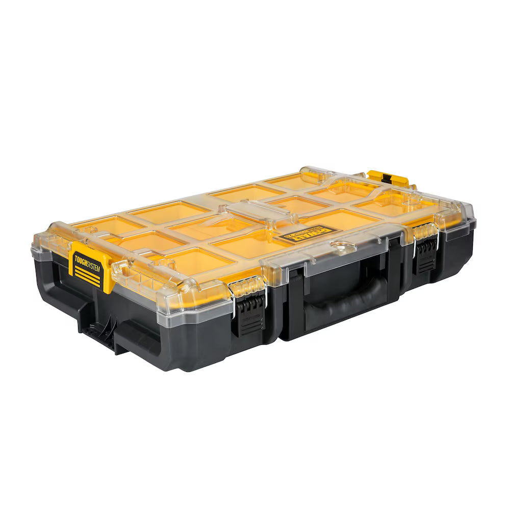 Large ToughSystem 2.0 organizer case with clear lid, yellow compartments, robust black base, and secure locking latches