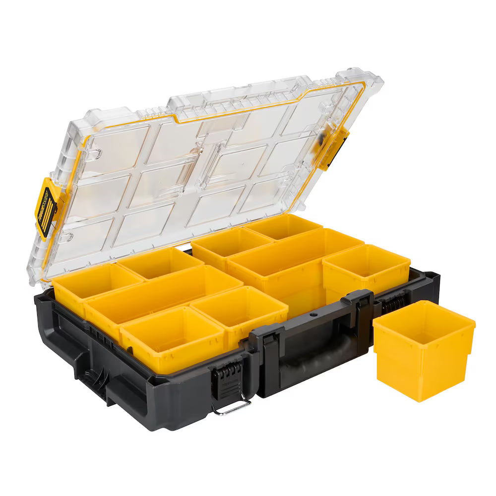 Large ToughSystem 2.0 organizer with clear lid and removable yellow compartments for secure tool and accessory storage