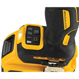 Close-up of yellow and black DEWALT brushless impact wrench with digital display and battery indicator panel