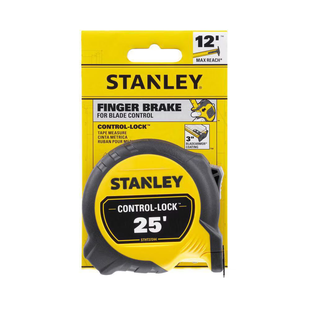 Stanley 25-foot Control Lock tape measure with finger brake, 12-inch max reach and blade armor coating