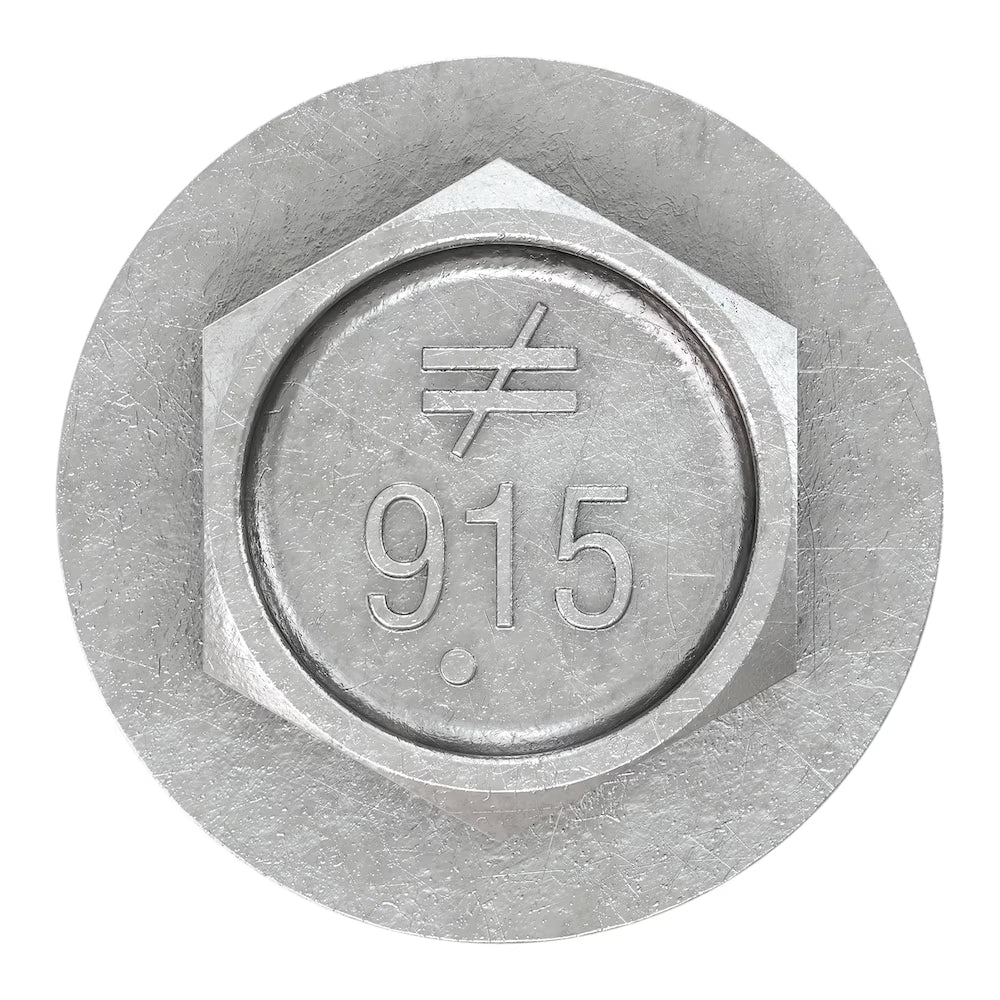Hex head screw with embossed "≠ 915" marking, galvanized finish for corrosion resistance