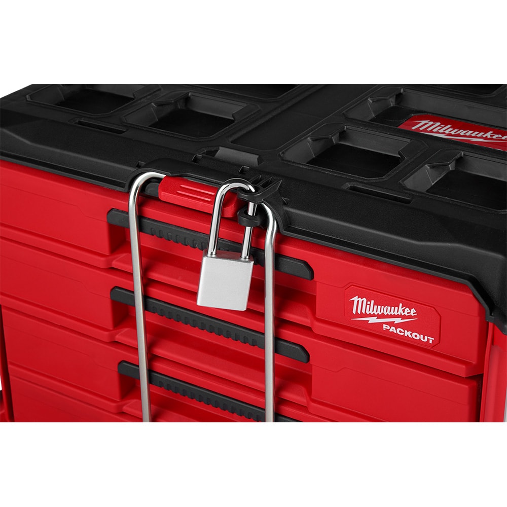 Milwaukee PACKOUT 4-drawer toolbox with lockable safety bar, red drawers, black top, and brand logo on front panel