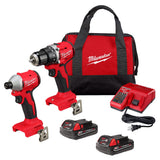 Milwaukee M18 Fuel compact brushless drill and impact driver kit with two batteries, charger, and red carrying bag