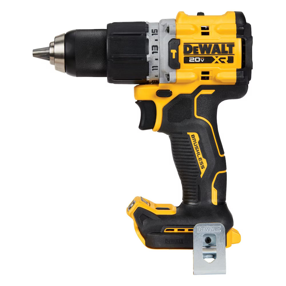 DeWalt 20V XR brushless cordless drill driver with adjustable torque settings and metal belt clip