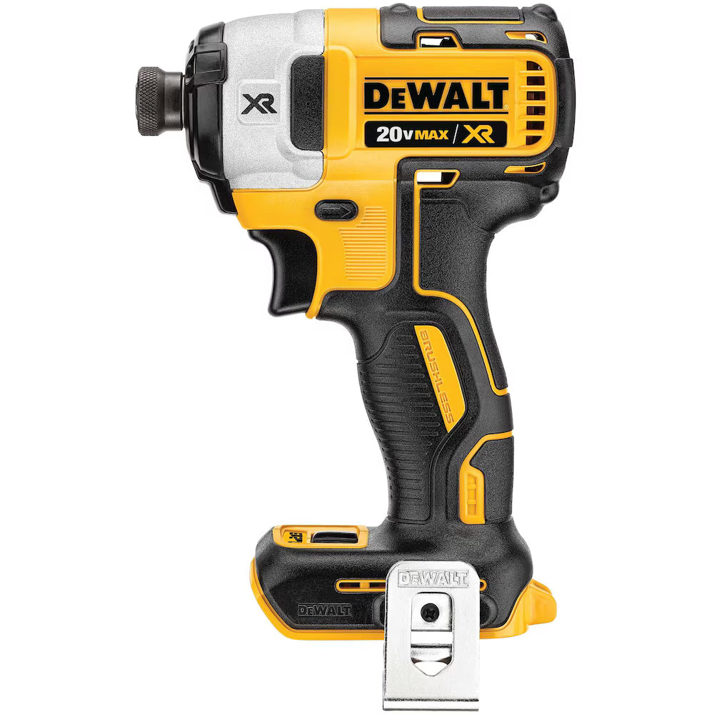 Compact DEWALT 20V XR brushless impact driver with ergonomic grip, metal belt clip, and variable speed trigger