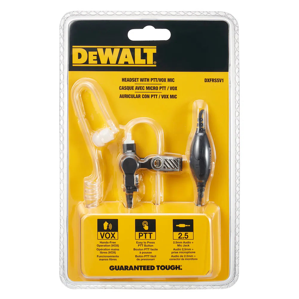 DeWalt DXFRSSV1 headset with push-to-talk and voice-activated mic, Air Acoustic Tube, and swivel clip for clear communication