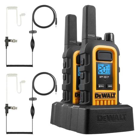 Set of 2 DeWalt walkie-talkies with digital display, 22 channels, IP-67 rated, and dual charging dock station