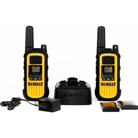 Set of 2 DEWALT walkie-talkies with long-range signal, 22 channels, LCD display, charging dock, and accessories included