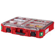 Red Milwaukee Packout Type III first aid kit with clear lid, secure latches, handle, and modular storage compartments