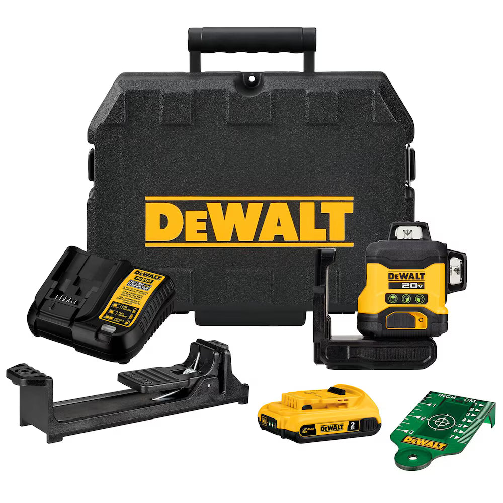 DEWALT 20V MAX green 3x360 laser level kit with battery, charger, mounting bracket, target card, and hard carrying case
