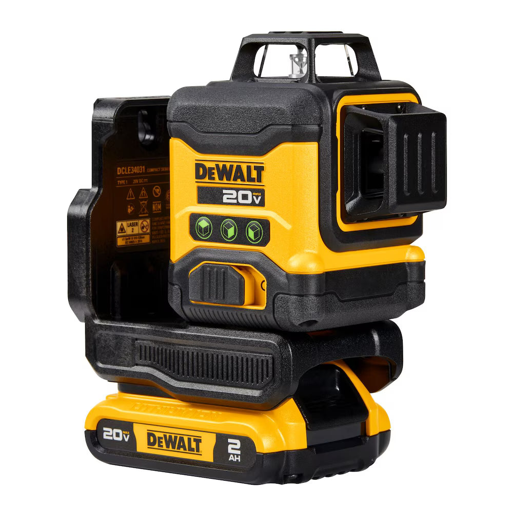 DeWALT 20V MAX green laser level with 3x360-degree lines, magnetic mount, compact design, and rechargeable battery pack