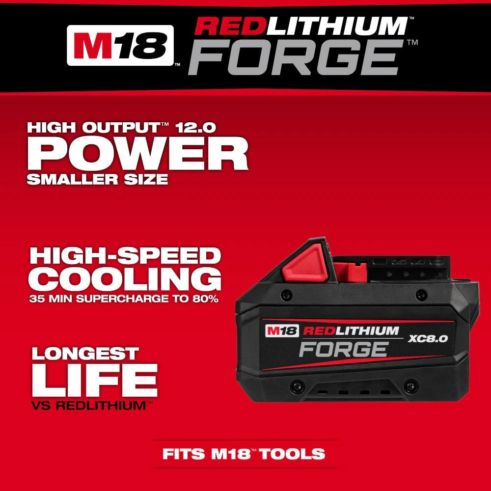 Milwaukee M18 REDLITHIUM FORGE 18V 8.0Ah battery with high output power and fast cooling for M18 tools