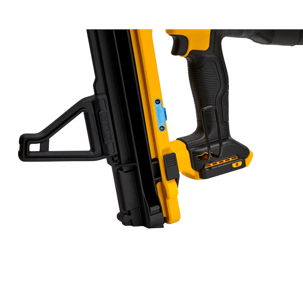 Yellow and black cordless gas concrete nailer with ergonomic grip and adjustable depth control for 1/2 to 1-1/2 inch nails