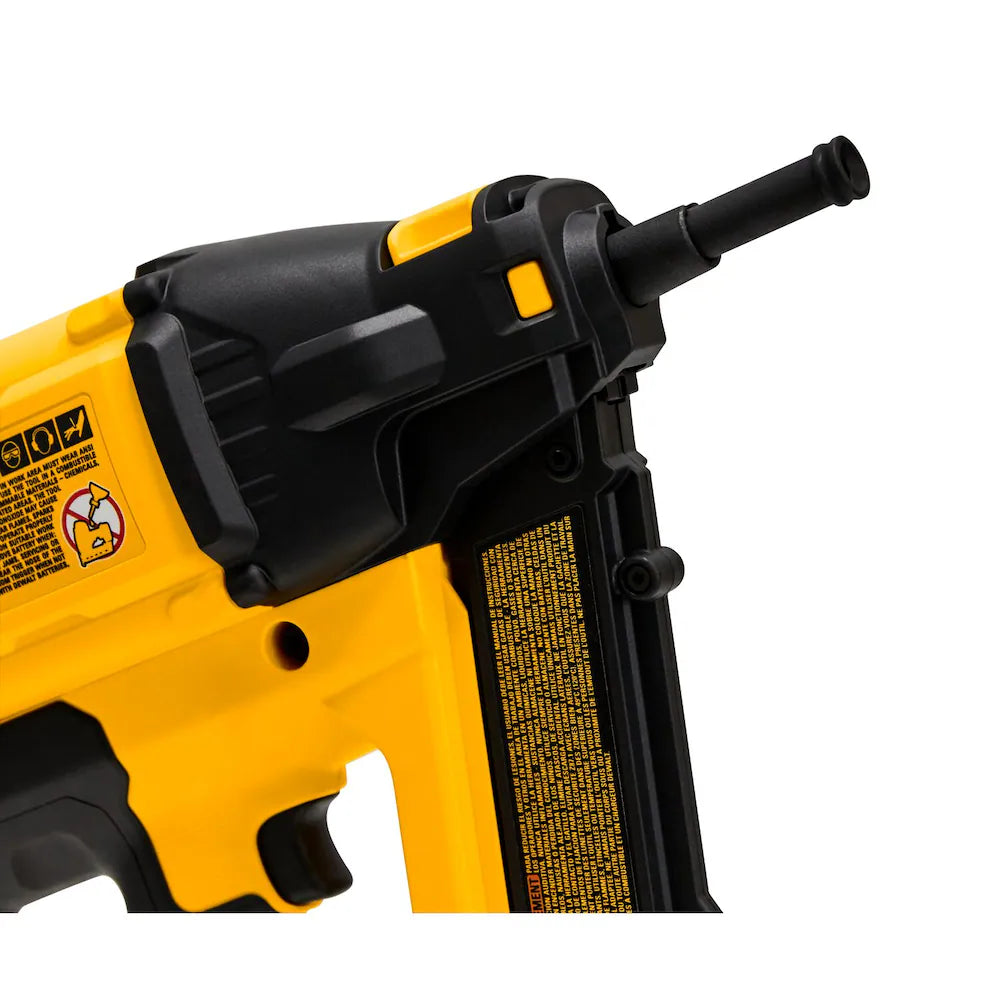 Yellow and black Dewalt gas-powered concrete nailer with ergonomic handle and safety trigger for 1/2 to 1-1/2 inch nails