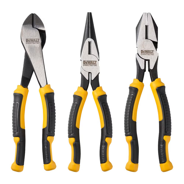 Set of three DEWALT pliers including diagonal cutter, long nose, and combination pliers with yellow and black handles
