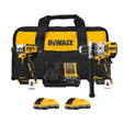 DeWalt 20V MAX XR hammer drill and impact driver combo kit with batteries, charger, and carrying bag