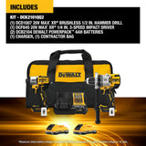 DeWalt 20V MAX XR hammer drill and 3-speed impact driver kit with two 4Ah batteries, charger, and contractor bag