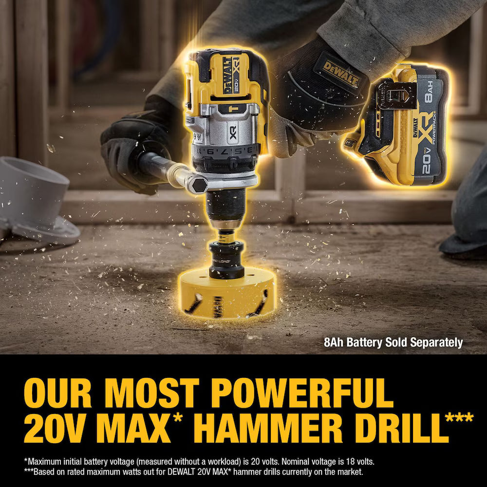 DeWalt 20V MAX XR hammer drill with side handle and 20V 8Ah battery, used for heavy-duty drilling tasks