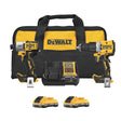 DeWalt 20V Max XR drill and impact driver combo kit with charger, two batteries, and branded carry bag
