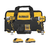 DeWalt 20V Max XR drill and impact driver combo kit with charger, two batteries, and branded carry bag