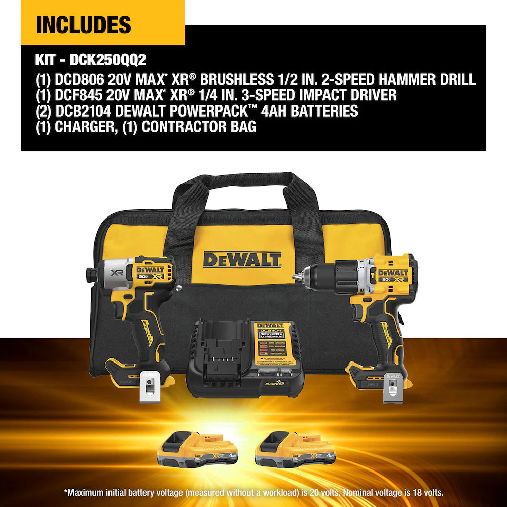 DeWalt 20V MAX XR brushless hammer drill and 3-speed impact driver kit with two batteries, charger, and contractor bag