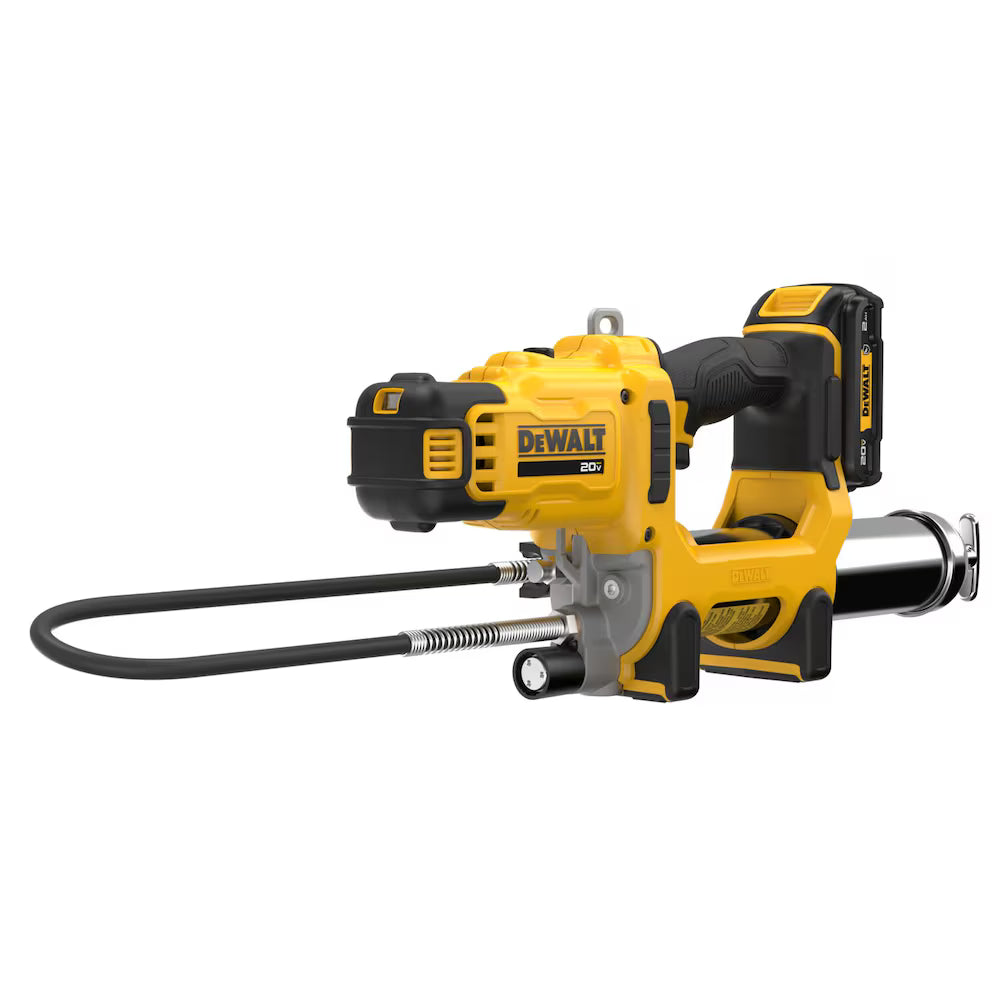 Cordless 20V Dewalt grease gun with dual speed, 10,000 PSI max pressure, flexible hose, and ergonomic grip