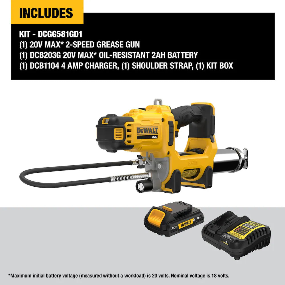 20V MAX 2-speed cordless grease gun kit with oil-resistant battery, charger, shoulder strap, and carrying case