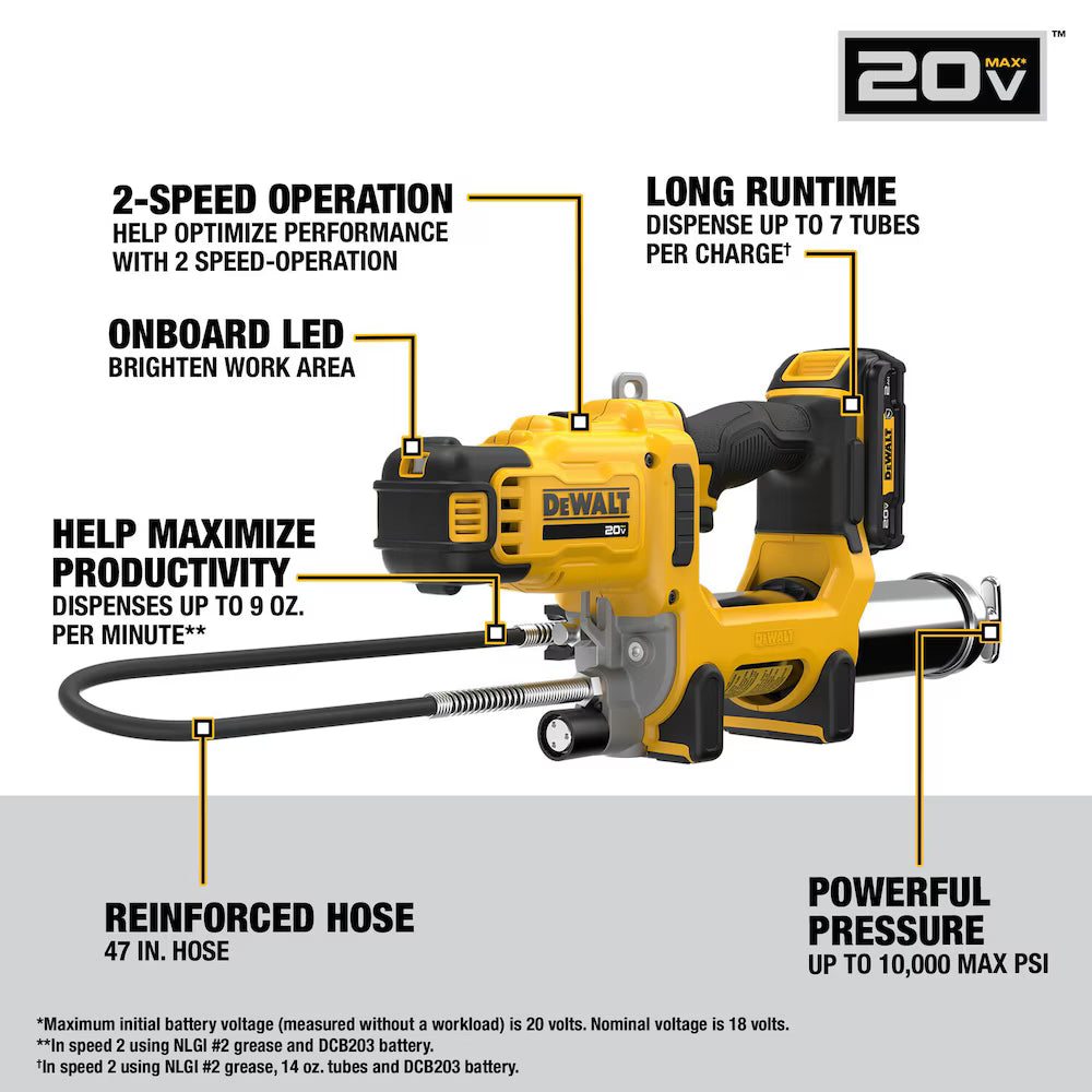 20V MAX grease gun with 2-speed operation, onboard LED, reinforced 47-inch hose, and up to 10,000 PSI pressure.