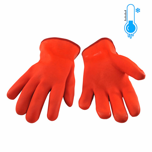 Orange high-visibility 12-inch PVC dip gloves with acrylic fleece lining and slip-resistant sandy finish