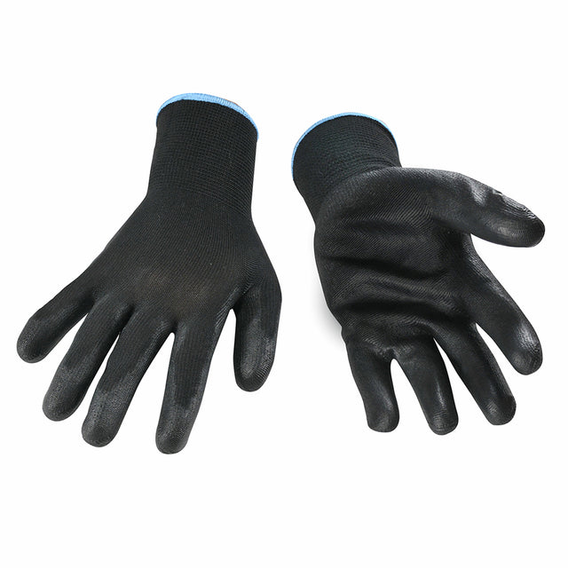 Black medium cotton gloves with seamless polyester lining and polyurethane coating for smooth surface handling