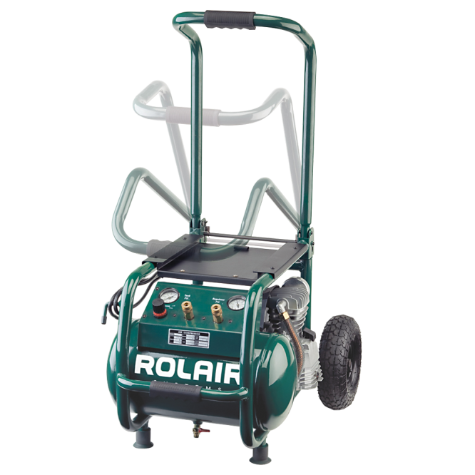 Portable 5.3-gallon air compressor with 2.5HP motor, steel frame, wheels, and handle for easy transport and industrial use