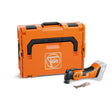 Cordless Fein MultiMaster AMM700 with bi-metal saw blade and sturdy orange carrying case for renovation tasks