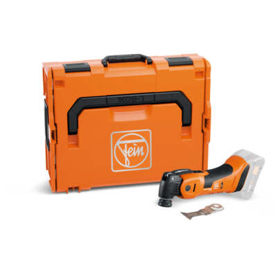 Cordless Fein MultiMaster AMM700 with bi-metal saw blade and sturdy orange carrying case for renovation tasks