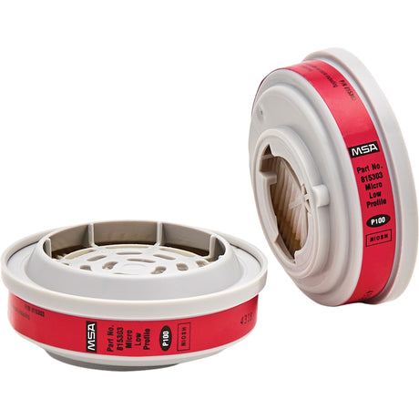 Pair of MSA Advantage MSA 815369 respirator cartridges with red label, low profile and P100 filter efficiency